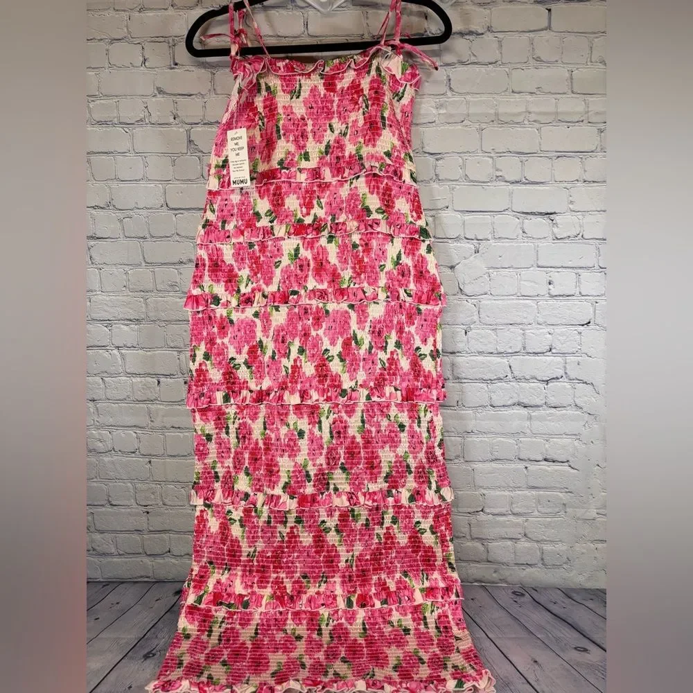 NWT Show Me Your MuMu Stella Smocked Pink Floral Soiree Wedding Midi Dress XL - Picture 2 of 12